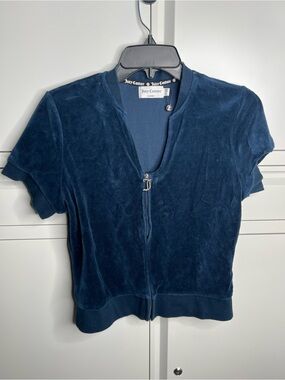 ☀️ Juicy Couture Navy Velour Short Sleeve Zip-Up Top